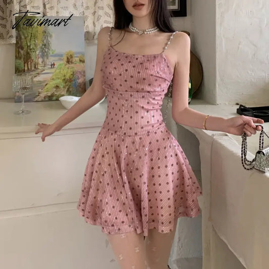 vzyzv Korean Polka Dot Printed Pink Chain Sling Dress Women 2024 Spring New Streetwear Off-shoulder Sexy Slim Elegant A-line Dress