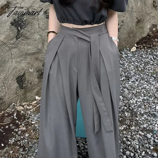 vzyzv Korean Retro Lace-up Pleated Loose Casual Pants Women Summer New High Waist Solid Color All-match Wide Leg Pants