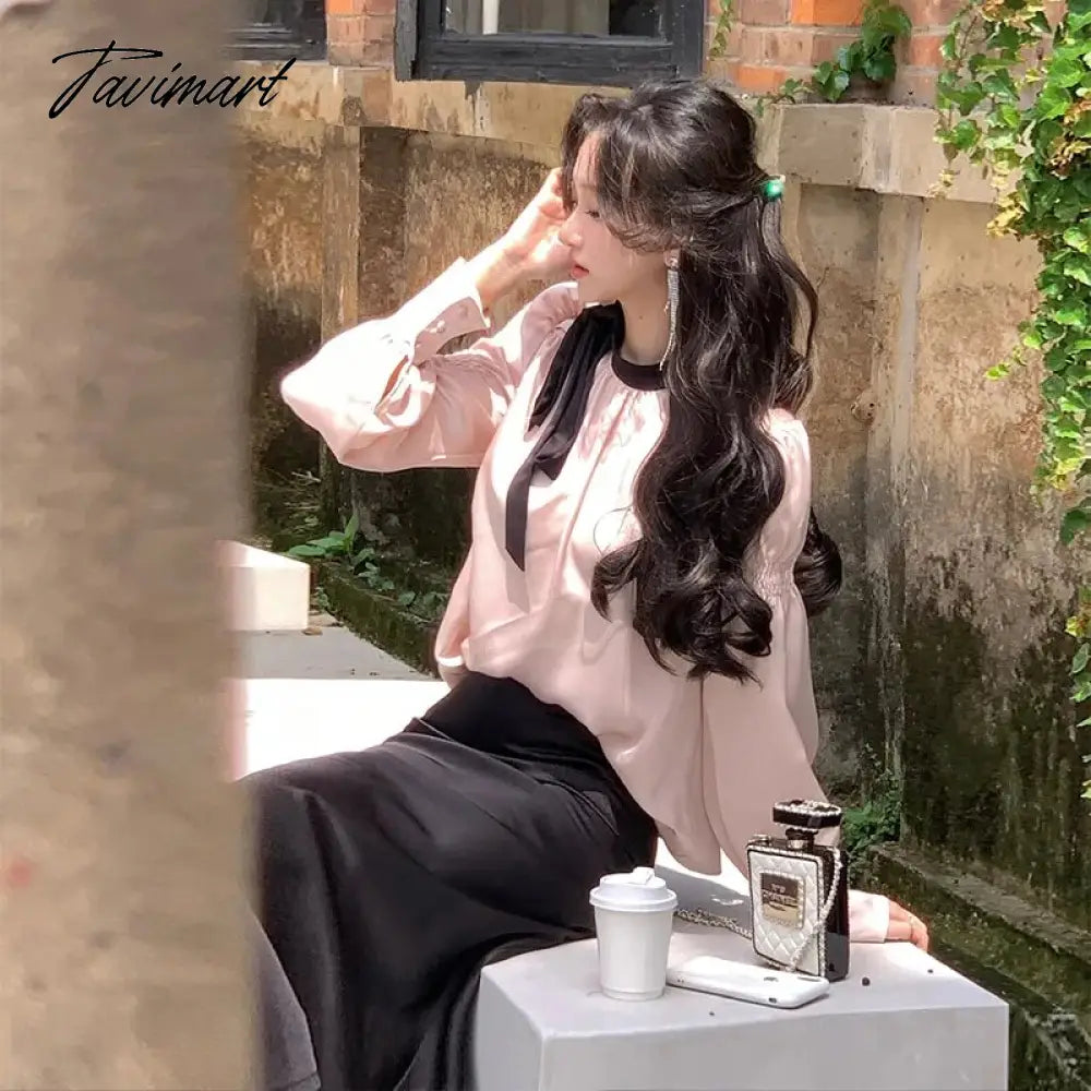 Tavimart Korean Satin Long Sleeve Bow Top Skirts 2 Piece Set for Women New Autumn Fashion Elegant Evening Party Female Clothes Suits