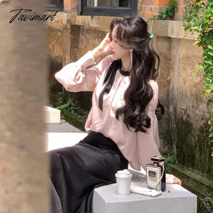 Tavimart Korean Satin Long Sleeve Bow Top Skirts 2 Piece Set for Women New Autumn Fashion Elegant Evening Party Female Clothes Suits