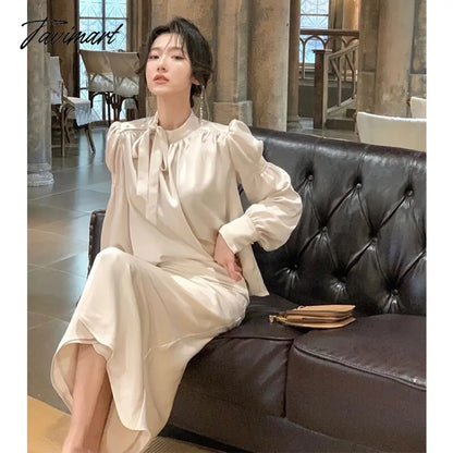 Tavimart Korean Satin Long Sleeve Bow Top Skirts 2 Piece Set for Women New Autumn Fashion Elegant Evening Party Female Clothes Suits