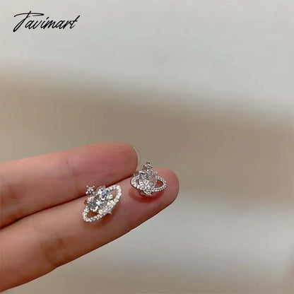 Tavimart Korean Shine Zircon Planet Earrings Women French Retro Personality Simple Design Versatile Temperament Stud Earrings Jewelry