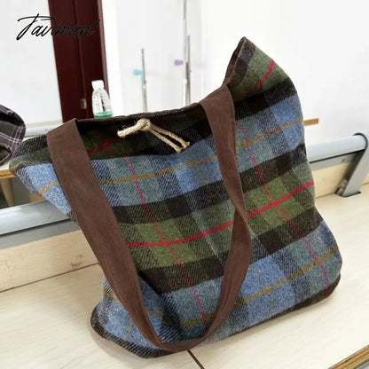 vzyzv  -  Korean Slim Large Capacity Tote Bags For Women Luxury Designer Handbag And Purses New In Woolen Plaid Preppy Style Shoulder