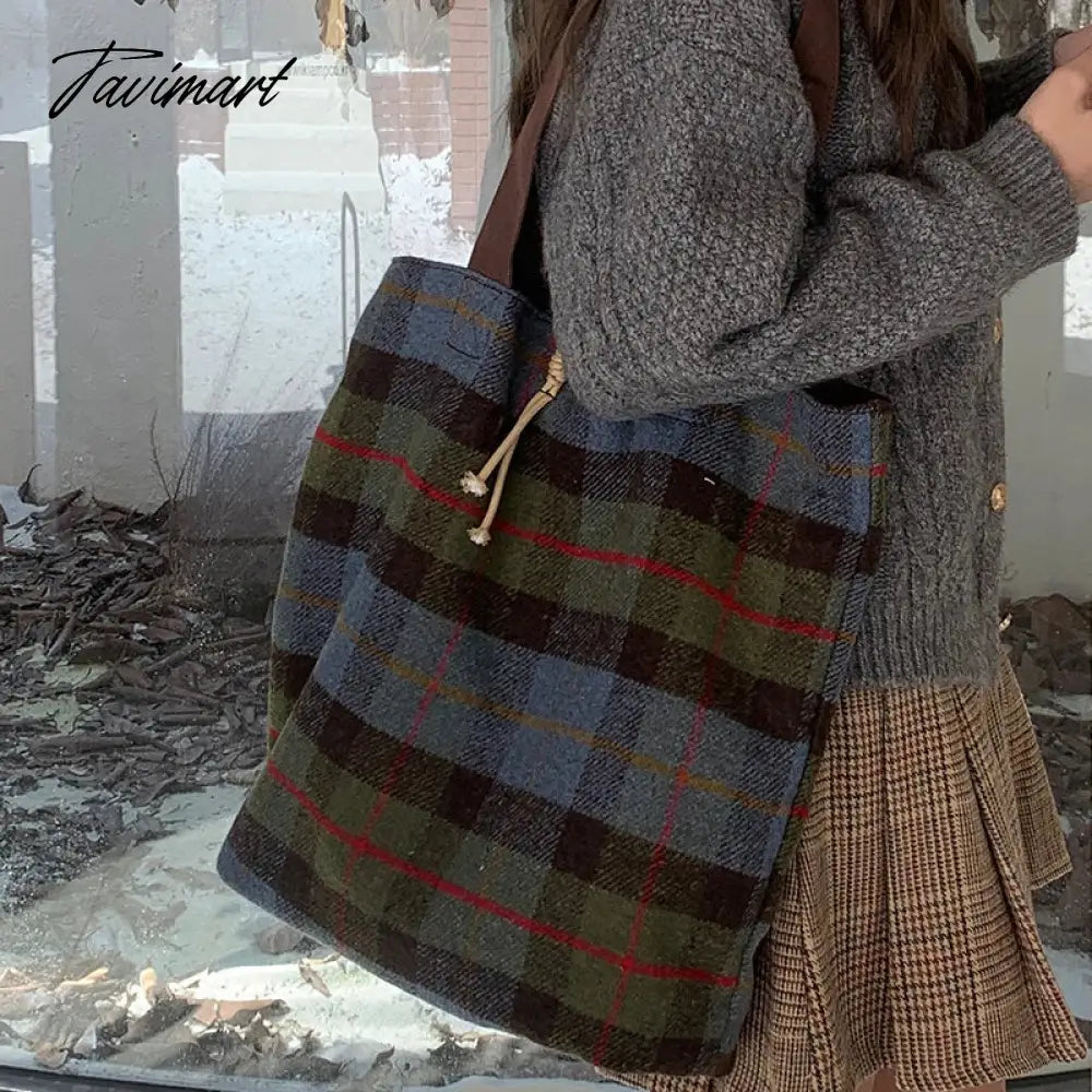 vzyzv  -  Korean Slim Large Capacity Tote Bags For Women Luxury Designer Handbag And Purses New In Woolen Plaid Preppy Style Shoulder