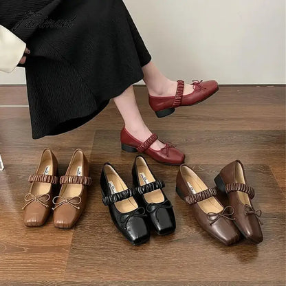 vzyzvKorean Style Retro Mary Jane Shoes Square Toe Women's Shoes Bowknot PU Ballet Flats Spring/Autumn Flats Women Shoes