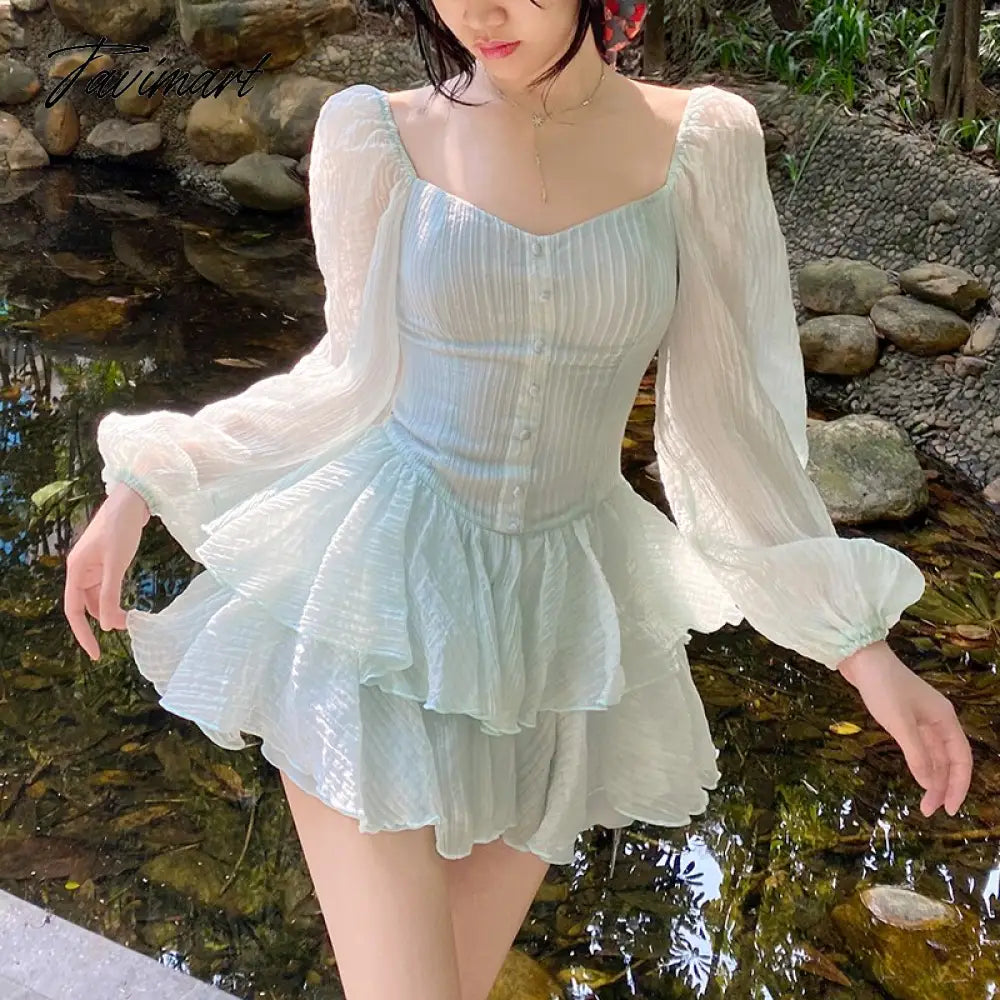 Tavimart Korean Style Sweet Party Mini Dress Women Green Chiffon France Elegant Dress Female Bubble Sleeve White Casual Fairy Dress