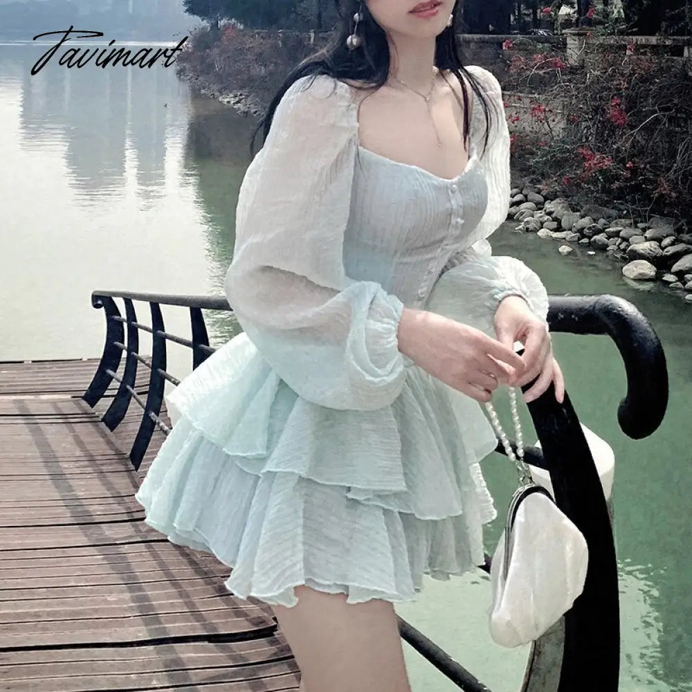 Tavimart Korean Style Sweet Party Mini Dress Women Green Chiffon France Elegant Dress Female Bubble Sleeve White Casual Fairy Dress