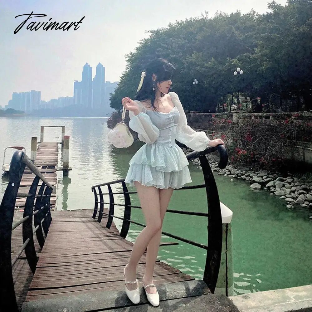 Tavimart Korean Style Sweet Party Mini Dress Women Green Chiffon France Elegant Dress Female Bubble Sleeve White Casual Fairy Dress