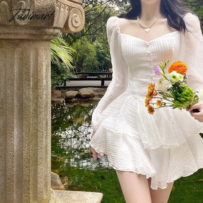 Tavimart Korean Style Sweet Party Mini Dress Women Green Chiffon France Elegant Dress Female Bubble Sleeve White Casual Fairy Dress