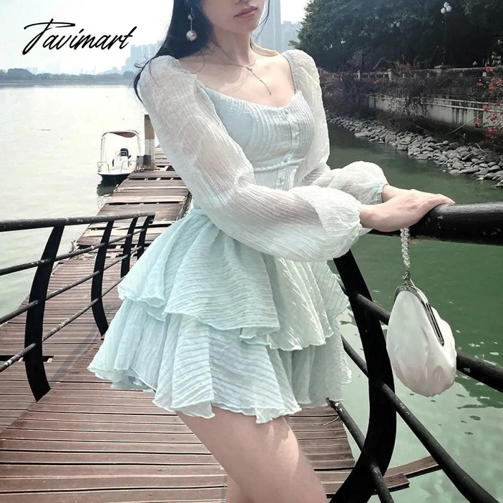 Tavimart Korean Style Sweet Party Mini Dress Women Green Chiffon France Elegant Dress Female Bubble Sleeve White Casual Fairy Dress