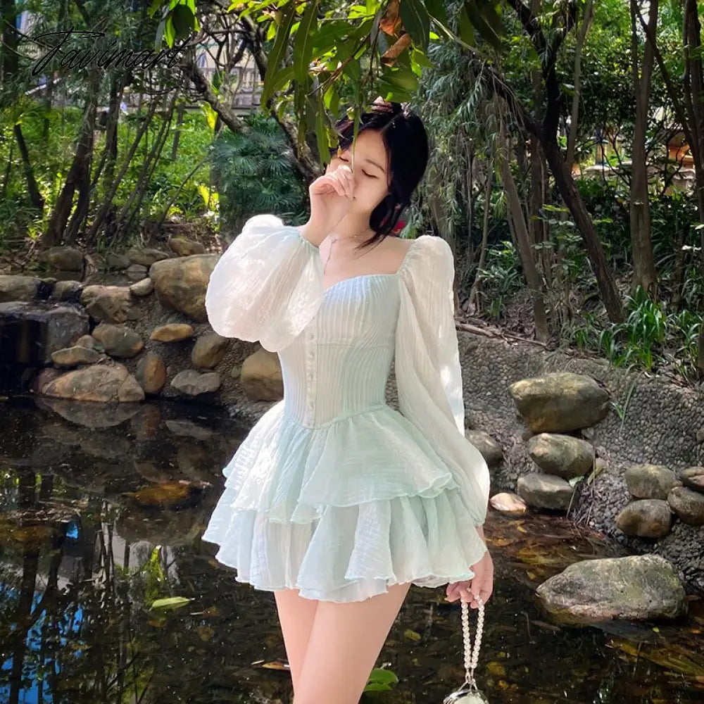 Tavimart Korean Style Sweet Party Mini Dress Women Green Chiffon France Elegant Dress Female Bubble Sleeve White Casual Fairy Dress