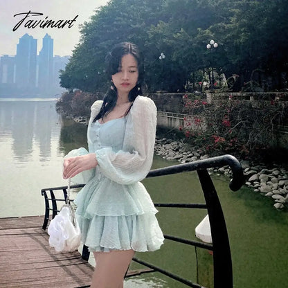 Tavimart Korean Style Sweet Party Mini Dress Women Green Chiffon France Elegant Dress Female Bubble Sleeve White Casual Fairy Dress