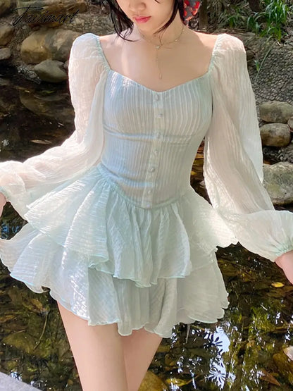 Tavimart Korean Style Sweet Party Mini Dress Women Green Chiffon France Elegant Dress Female Bubble Sleeve White Casual Fairy Dress