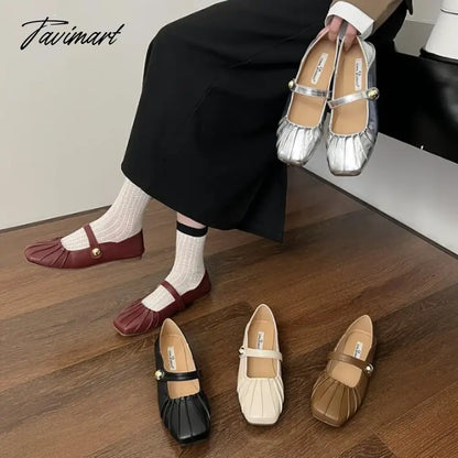 Tavimart Korean Style Women Flat Women's Square Toe wrinkle Retro Single Shoes Mary Jane Shoes Ballerina Flats Mujer