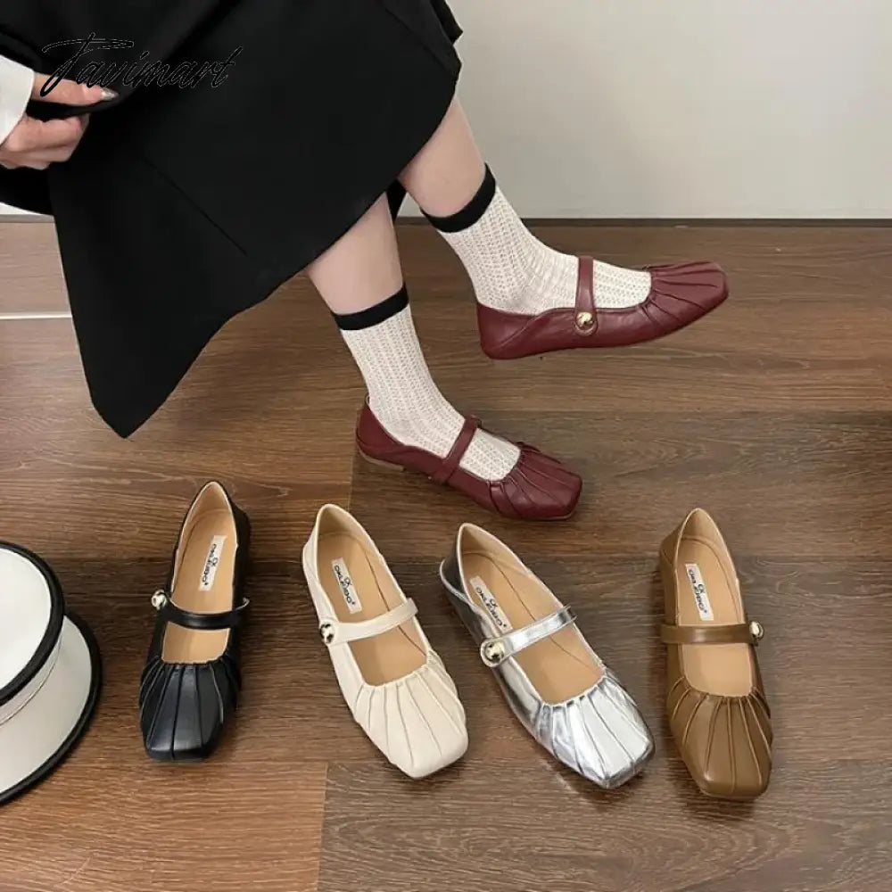 Tavimart Korean Style Women Flat Women's Square Toe wrinkle Retro Single Shoes Mary Jane Shoes Ballerina Flats Mujer