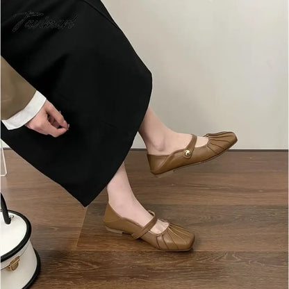 Tavimart Korean Style Women Flat Women's Square Toe wrinkle Retro Single Shoes Mary Jane Shoes Ballerina Flats Mujer