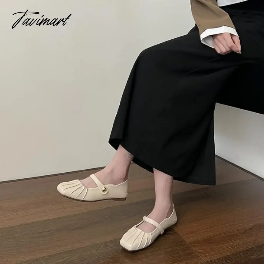 Tavimart Korean Style Women Flat Women's Square Toe wrinkle Retro Single Shoes Mary Jane Shoes Ballerina Flats Mujer