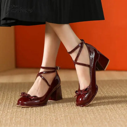 vzyzv Ladies Lolita Sweet Fashion Shoes Retro Cross-Tie Pumps Casual Summer Marry Janes Round Toe Shoes Woman Bow Design