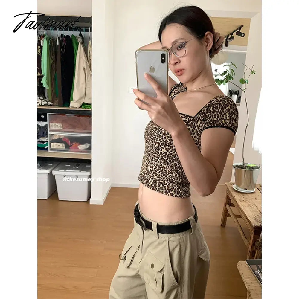 TAVIMART  -  Leopard Pattern Sexy Square Neck Short Sleeve T-shirt Women Tops 2024 Summer Spicy Girl Slim Fit  Chic Short Top Women Clothing