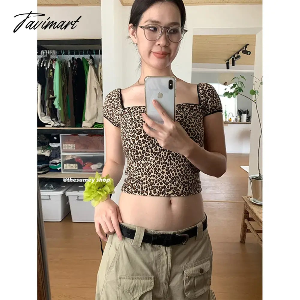 TAVIMART  -  Leopard Pattern Sexy Square Neck Short Sleeve T-shirt Women Tops 2024 Summer Spicy Girl Slim Fit  Chic Short Top Women Clothing