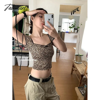 TAVIMART  -  Leopard Pattern Sexy Square Neck Short Sleeve T-shirt Women Tops 2024 Summer Spicy Girl Slim Fit  Chic Short Top Women Clothing