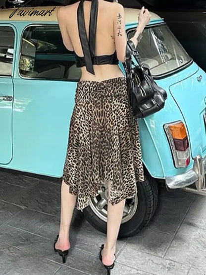 TAVIMART  -  Leopard Print Midi Skirt Women Y2k Low Waist A-line Irregular Sexy Long Ruffles Cheetah Skirt 2024 Summer Streetwear