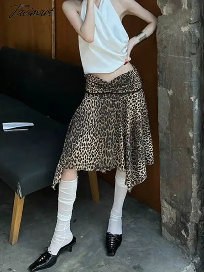 TAVIMART  -  Leopard Print Midi Skirt Women Y2k Low Waist A-line Irregular Sexy Long Ruffles Cheetah Skirt 2024 Summer Streetwear