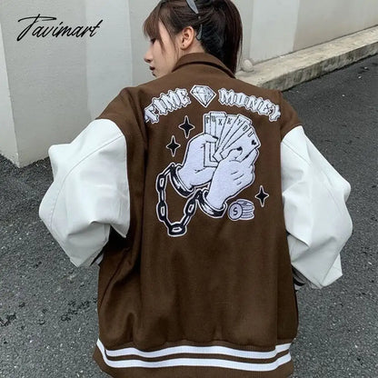 vzyzv Letter embroidery flocking baseball uniform basketball couple retro plus velvet padded street PU leather stitching trendy jacket