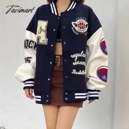 vzyzv Letter embroidery flocking baseball uniform basketball couple retro plus velvet padded street PU leather stitching trendy jacket