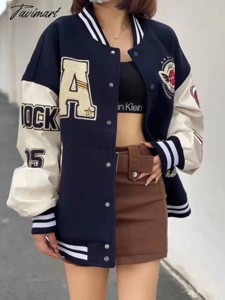 vzyzv Letter embroidery flocking baseball uniform basketball couple retro plus velvet padded street PU leather stitching trendy jacket