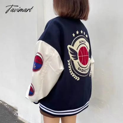 vzyzv Letter embroidery flocking baseball uniform basketball couple retro plus velvet padded street PU leather stitching trendy jacket