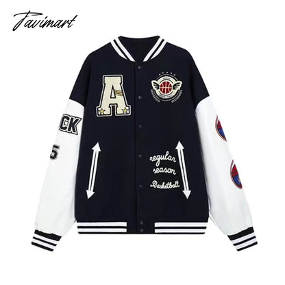 vzyzv Letter embroidery flocking baseball uniform basketball couple retro plus velvet padded street PU leather stitching trendy jacket