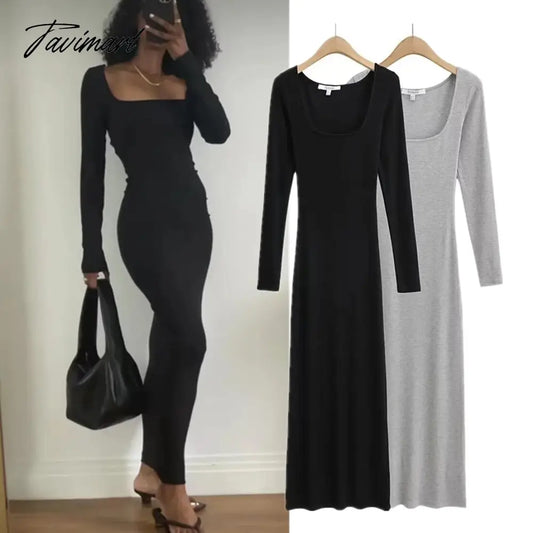 vzyzv Long Sleeve Sexy Sheath Maxi Dress Women Ins Fashion Blogger Retro Square Collar Knitted Dress