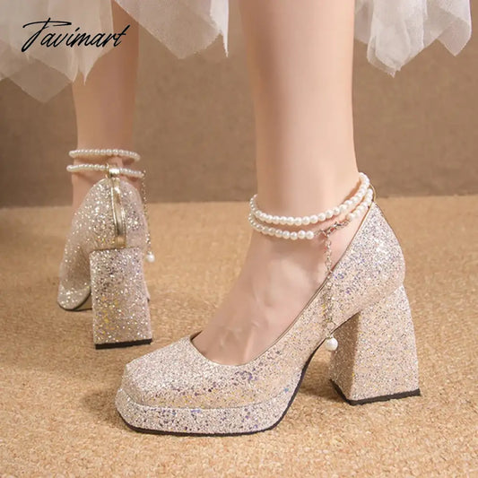 vzyzv -  Luxury Gold Glitter High Heels Pumps for Women Spring Pearl Ankle Strap Wedding Shoes Woman Chunky Platform Mary Jane Shoes