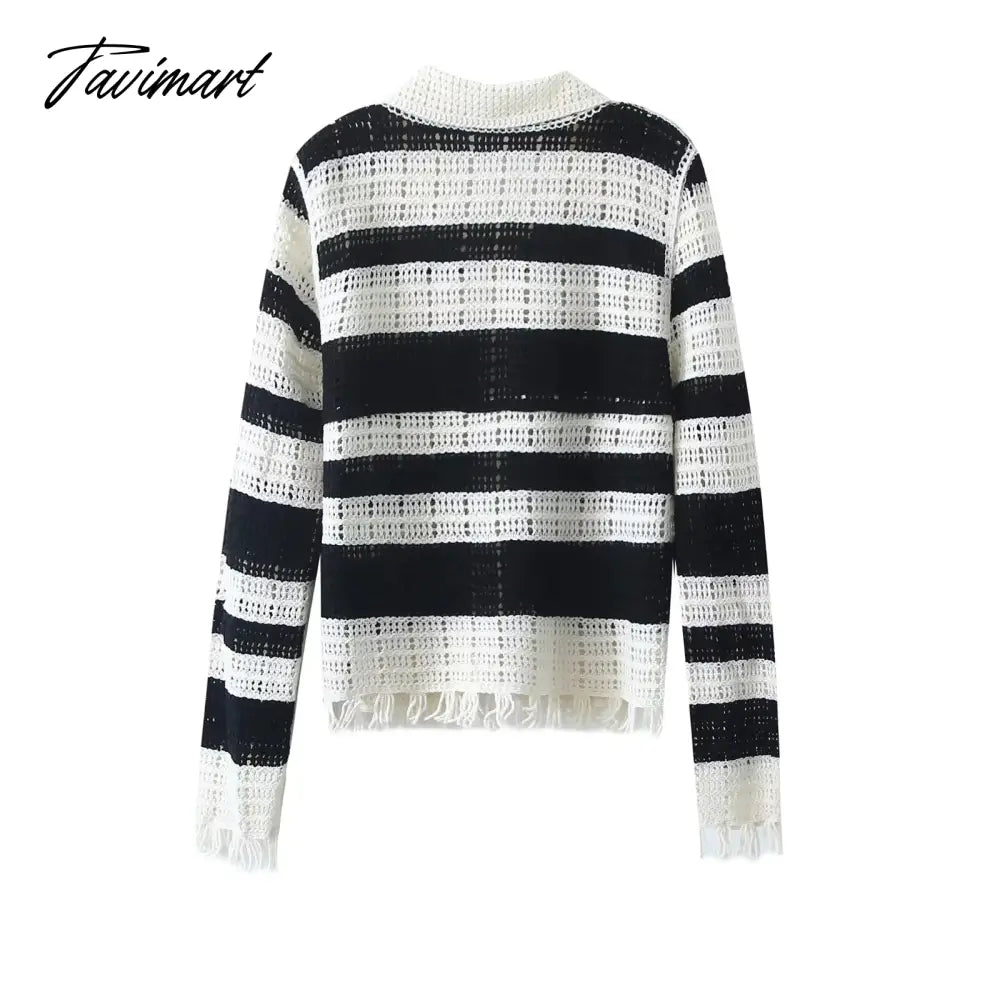 vzyzv Maxdutti Ins Fashion Blogger Retro Polo Collar Striped Tassles Tops  Long Sleeve Tshirts Women