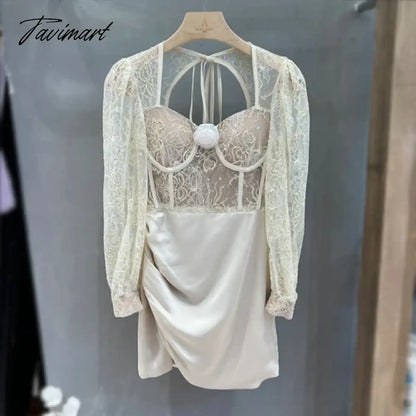 TAVIMART  -  New Autumn Sexy Lace Patchwork Backless Long Sleeve Holiday Vocation Beach Women Mini Dress