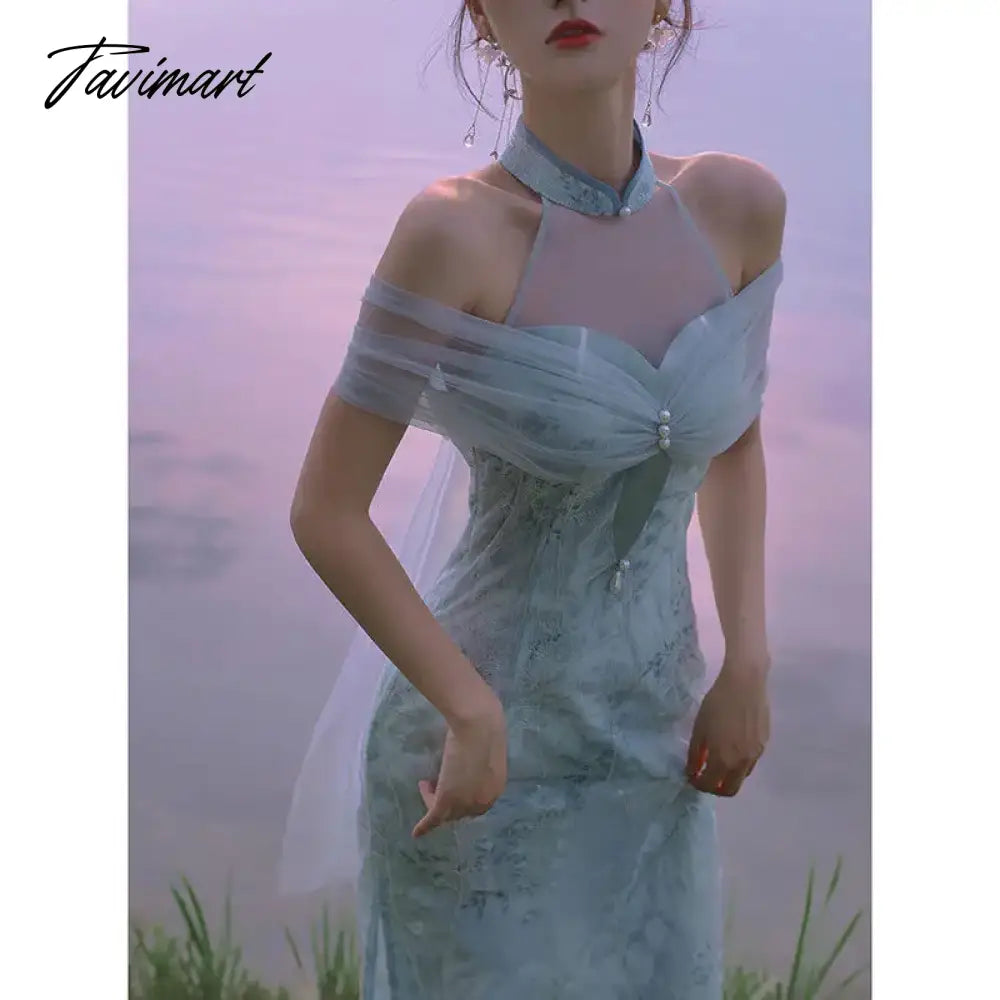 TAVIMART  -  New Chinese Style Dresses Retro Improved Cheongsam French Socialite Dress Sexy Hanging Neck Beautiful Romantic Vestido