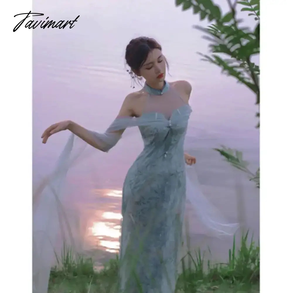 TAVIMART  -  New Chinese Style Dresses Retro Improved Cheongsam French Socialite Dress Sexy Hanging Neck Beautiful Romantic Vestido