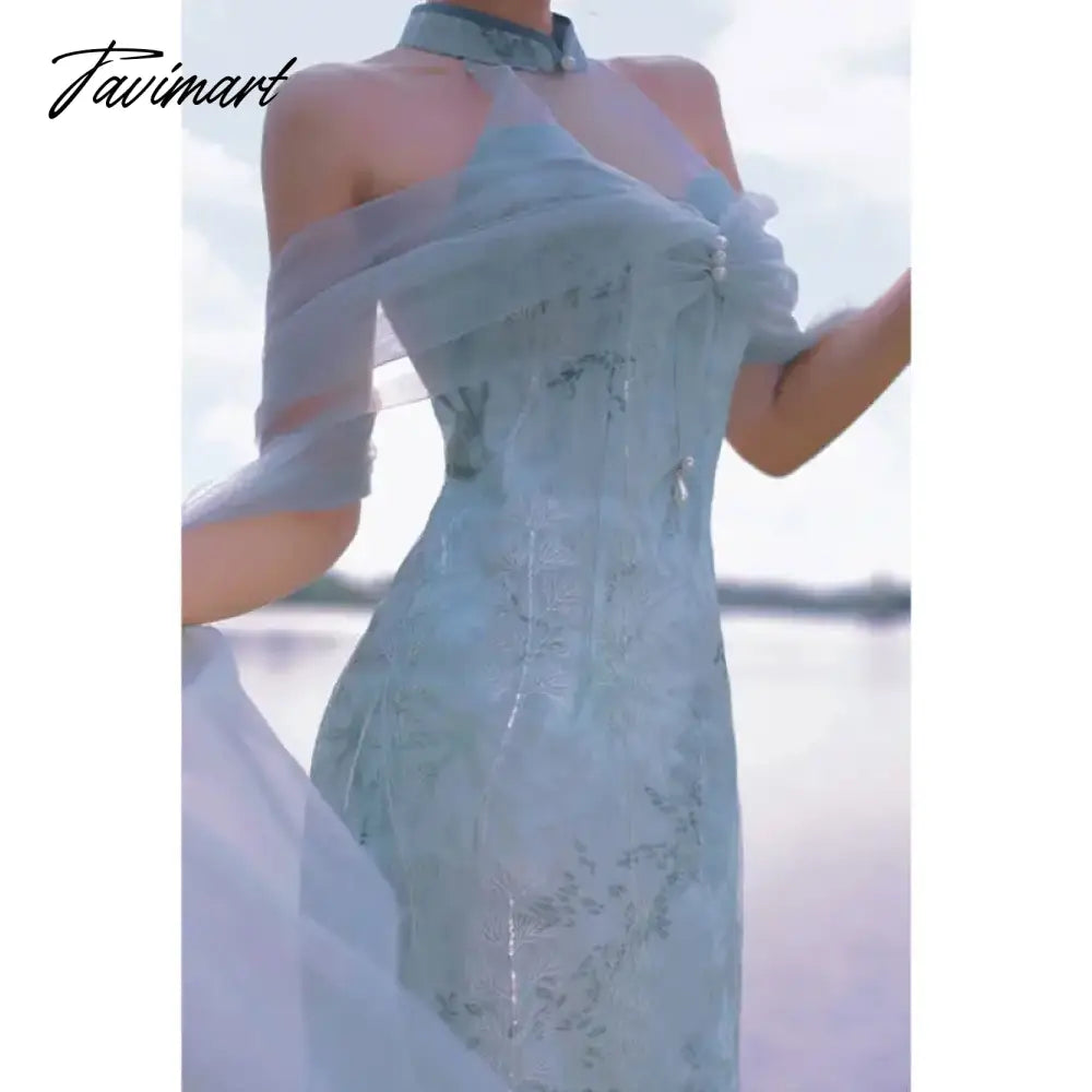 TAVIMART  -  New Chinese Style Dresses Retro Improved Cheongsam French Socialite Dress Sexy Hanging Neck Beautiful Romantic Vestido