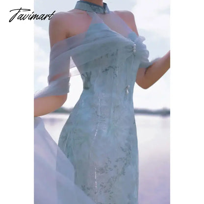 TAVIMART  -  New Chinese Style Dresses Retro Improved Cheongsam French Socialite Dress Sexy Hanging Neck Beautiful Romantic Vestido