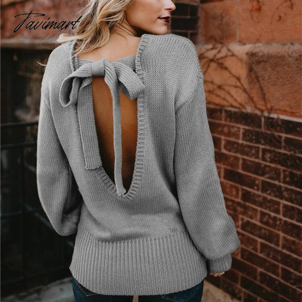 vzyzv New European Winter clothes  American foreign trade sweater female sexy bow tie laced sweater backless knitting frenulum