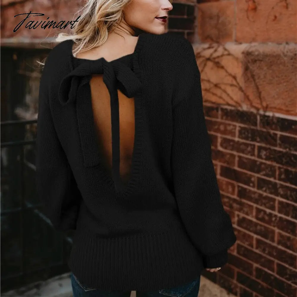 vzyzv New European Winter clothes  American foreign trade sweater female sexy bow tie laced sweater backless knitting frenulum