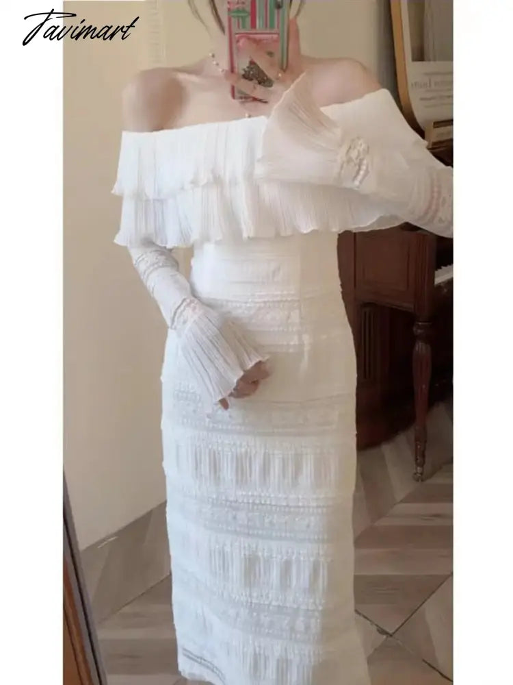 vzyzvNew Fashion Runway Spring White Midi Dress Women's Sexy Off Shoulder Ruffle Elegant Holiday Party Dress Vestido Da Festa