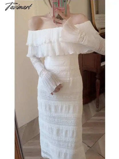 vzyzvNew Fashion Runway Spring White Midi Dress Women's Sexy Off Shoulder Ruffle Elegant Holiday Party Dress Vestido Da Festa