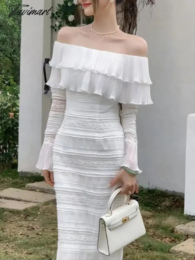 vzyzvNew Fashion Runway Spring White Midi Dress Women's Sexy Off Shoulder Ruffle Elegant Holiday Party Dress Vestido Da Festa