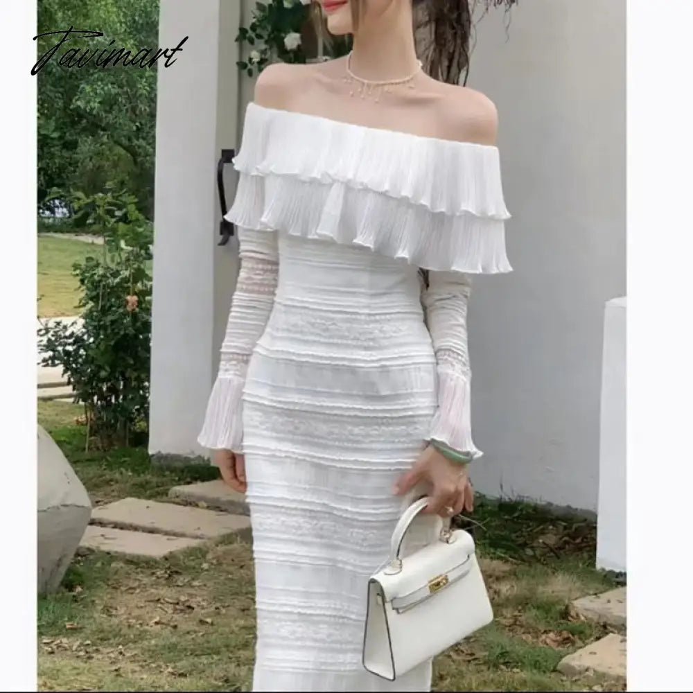 vzyzvNew Fashion Runway Spring White Midi Dress Women's Sexy Off Shoulder Ruffle Elegant Holiday Party Dress Vestido Da Festa