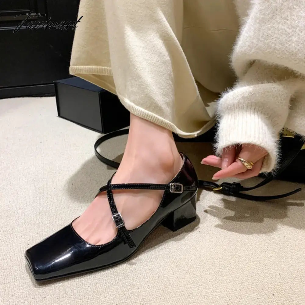 vzyzvNEW Spring/Autumn Women Shoes Split Leather Shoes Square Toe Chunky Shoes for Women Fashion Cross-tied Women Pumps Ladies Shoes