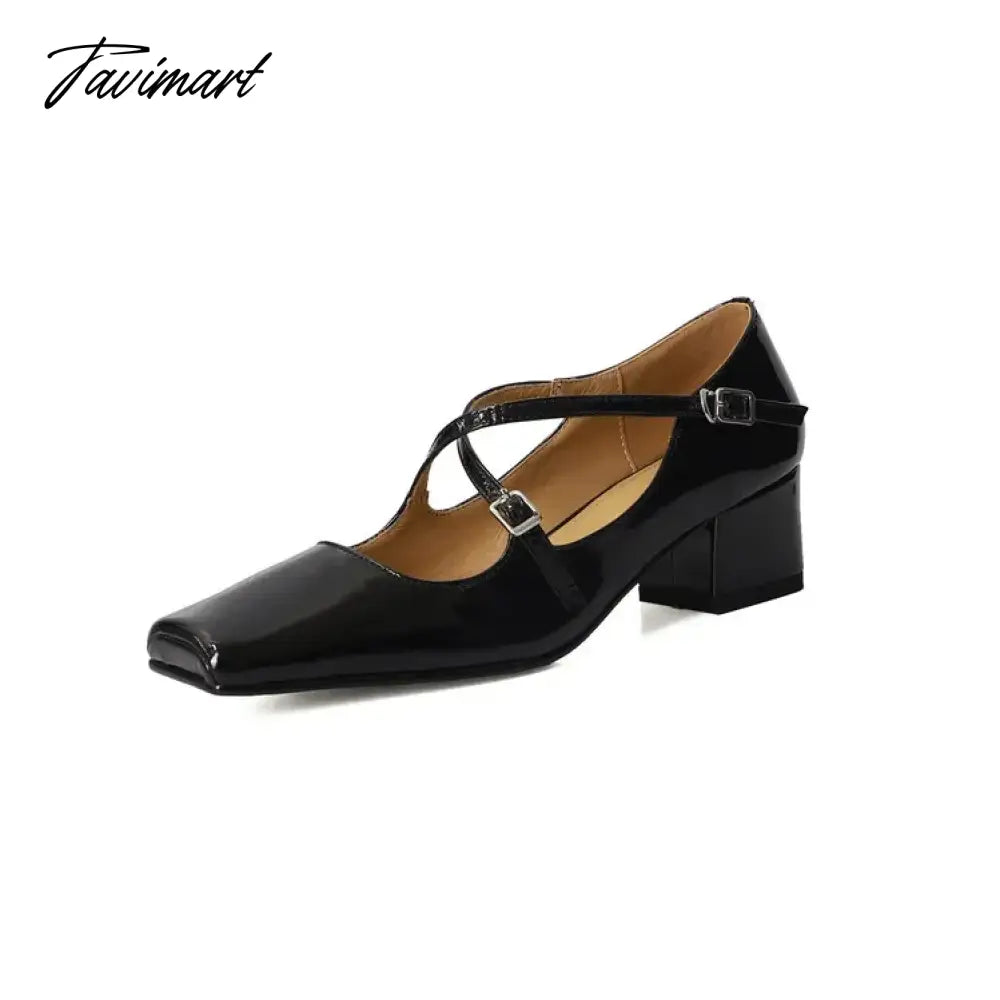 vzyzvNEW Spring/Autumn Women Shoes Split Leather Shoes Square Toe Chunky Shoes for Women Fashion Cross-tied Women Pumps Ladies Shoes