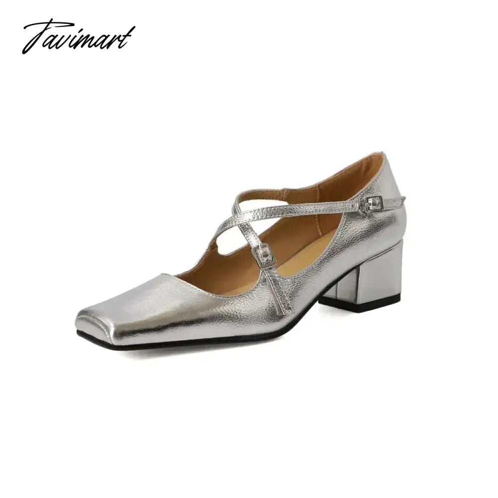 vzyzvNEW Spring/Autumn Women Shoes Split Leather Shoes Square Toe Chunky Shoes for Women Fashion Cross-tied Women Pumps Ladies Shoes