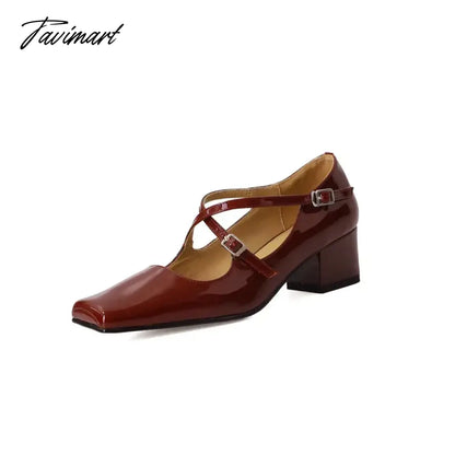 vzyzvNEW Spring/Autumn Women Shoes Split Leather Shoes Square Toe Chunky Shoes for Women Fashion Cross-tied Women Pumps Ladies Shoes